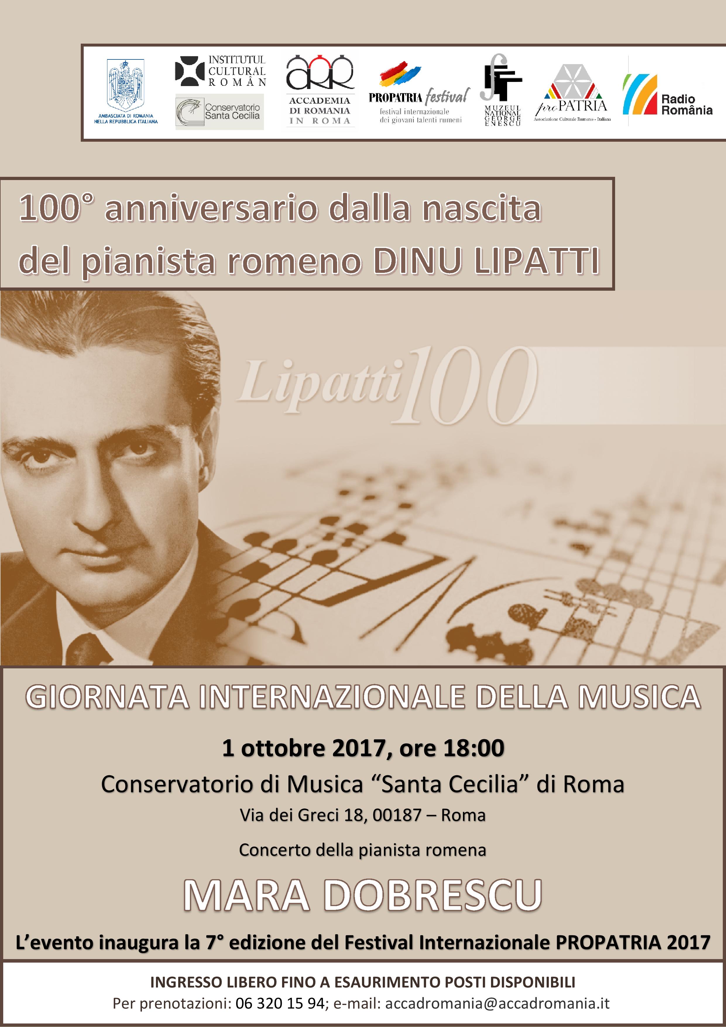 Concert aniversar „LIPATTI 100 – În căutarea luminii…“ la Conservatorul de Muzică „Santa Cecilia“ din Roma